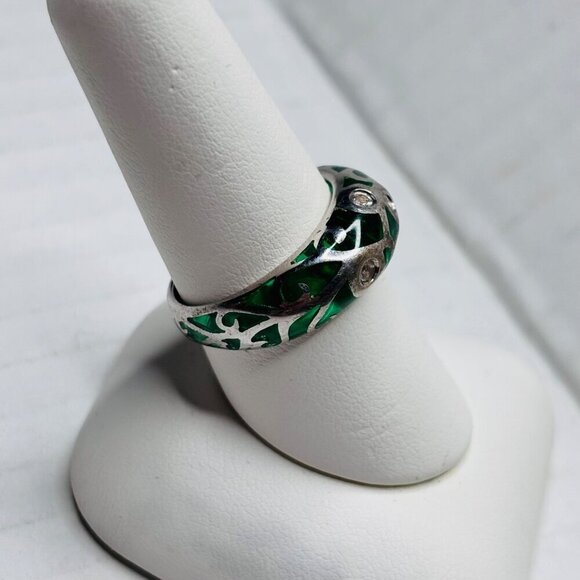 Vintage Sterling Silver Green Glass and Diamonique Stone Ring Size 8 - Picture 4 of 6